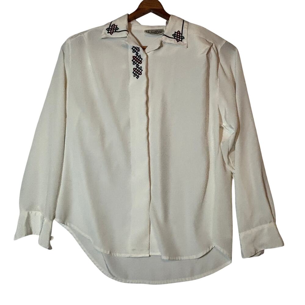 Le Caviar Vintage Womens Sz 12 Long Sleeve Hidden Button Front Shirt Embroidered